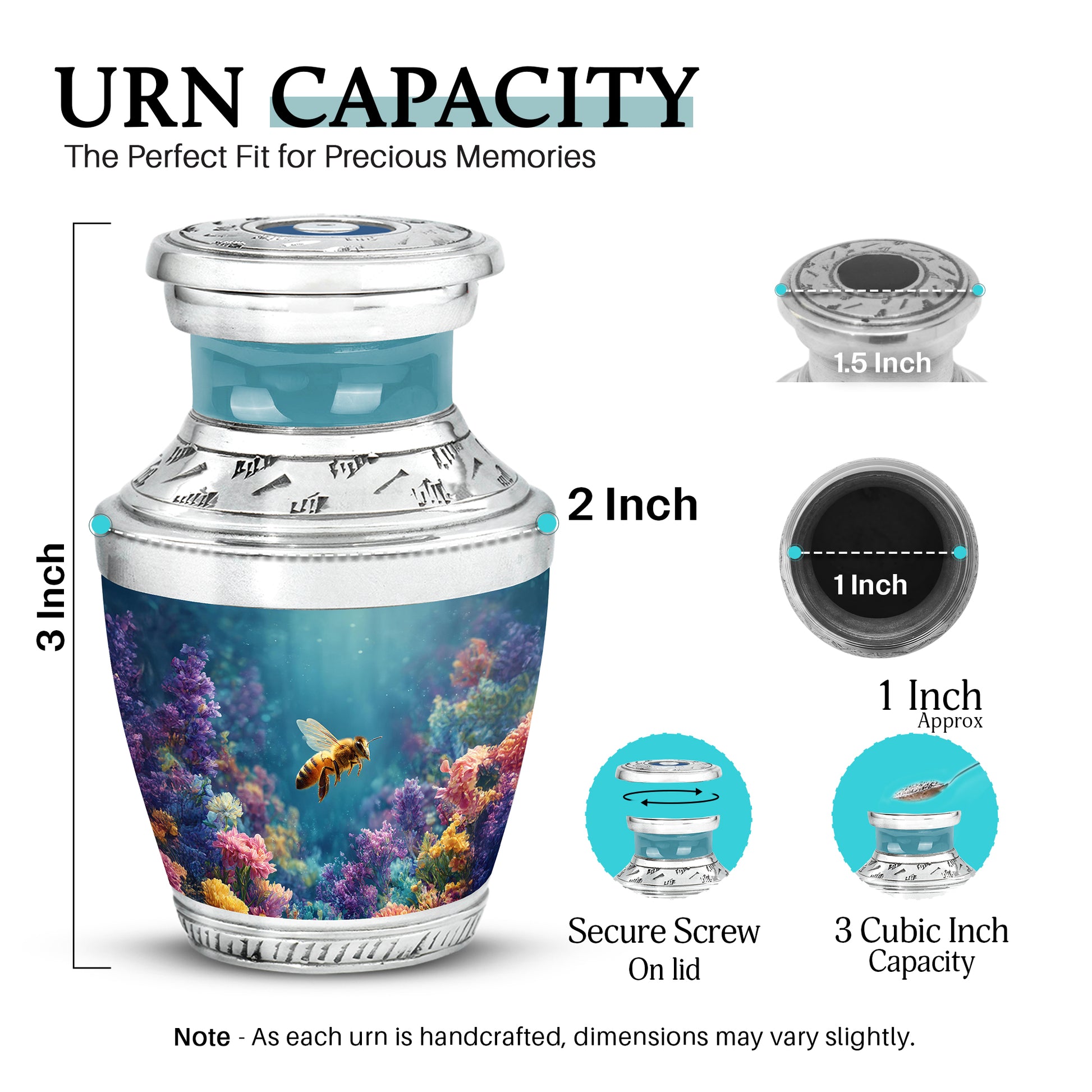 Deep Teal Bee Cremation Urn top-down view of secure threaded lid - artistic bee interpretation with creative detail - mini keepsake memorial for portion of cremation ashes