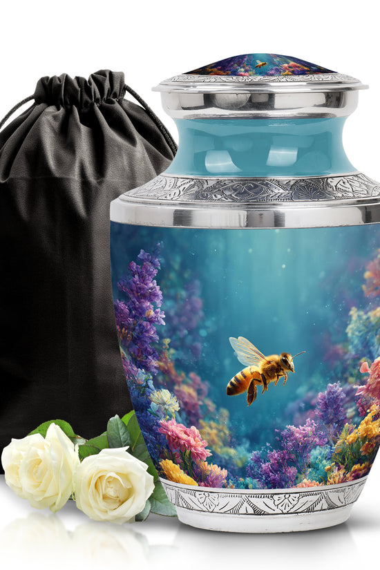 Ocean Teal Bee Cremation Urn side profile showing urn shape - modern art-inspired bee motif on sleek aluminum - full-size 10 inch 200 cubic inch adult cremation urn