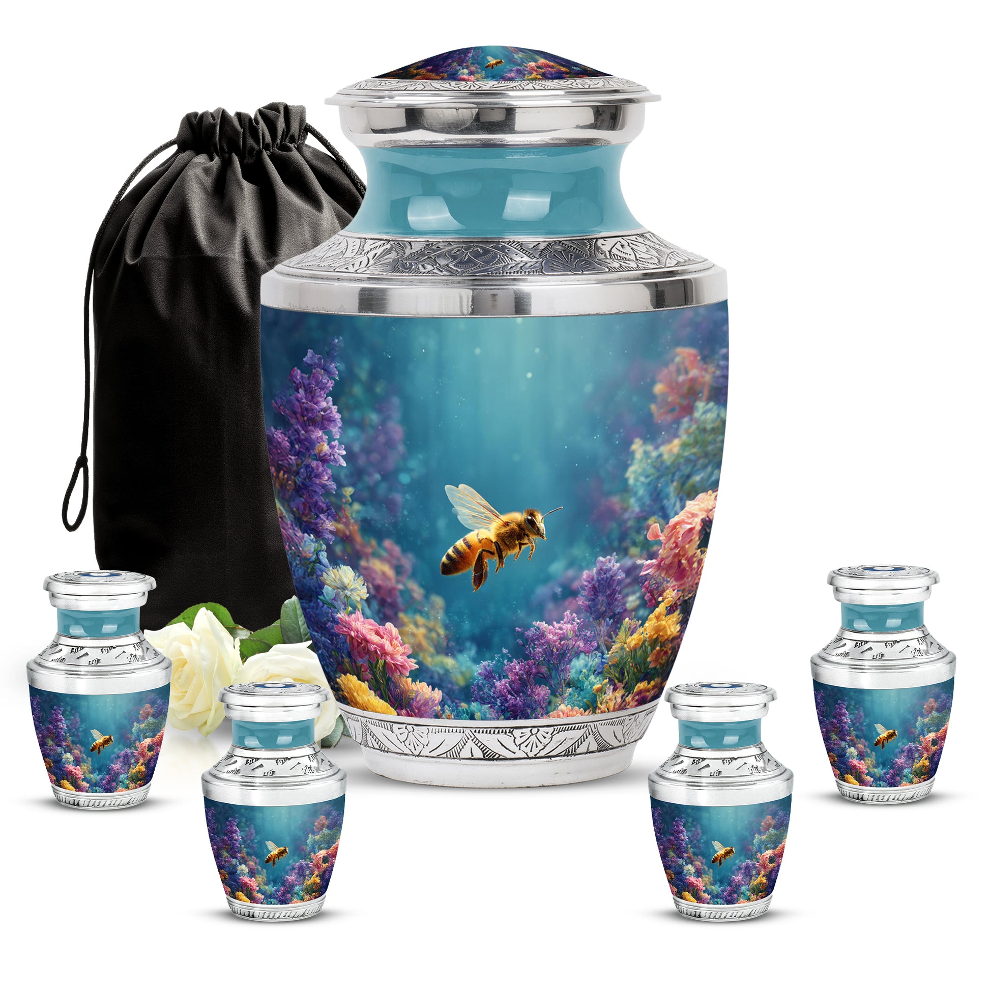 Deep Teal Bee Cremation Urn lifestyle display on memorial shelf - stylized abstract bee pattern with bold lines - memorial set with one large and four small urns