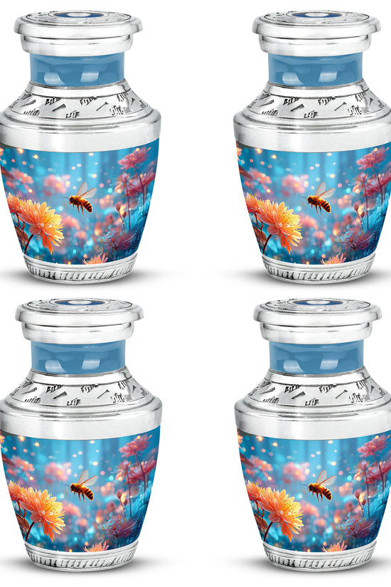 Twilight Blue Bee Cremation Urn back view with polished surface - artistic bee interpretation with creative detail - 10 inch aluminum urn for cremated remains