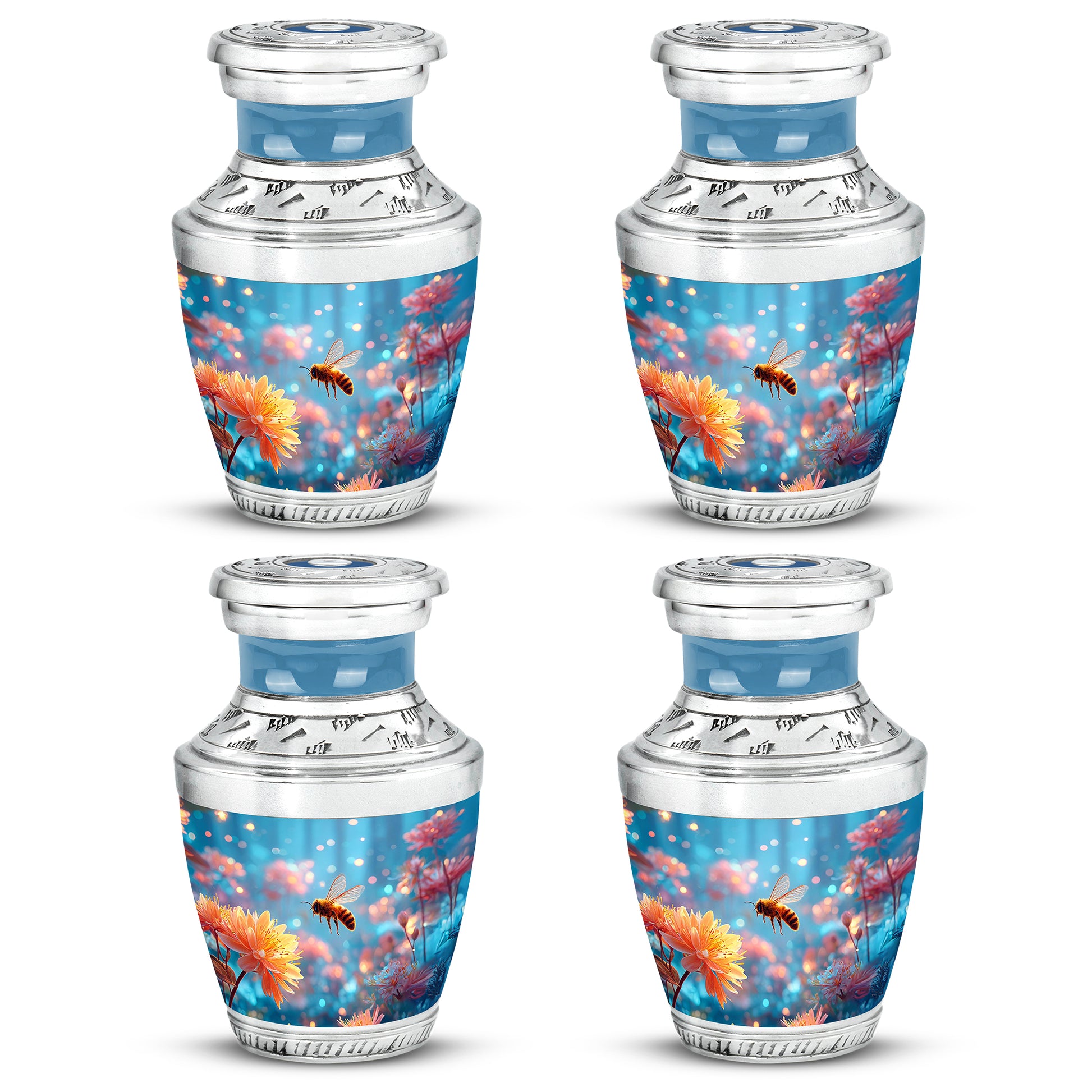 Twilight Blue Bee Cremation Urn back view with polished surface - artistic bee interpretation with creative detail - 10 inch aluminum urn for cremated remains