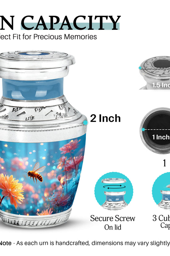 Indigo Bee Cremation Urn top-down view of secure threaded lid - modern art-inspired bee motif on sleek aluminum - mini keepsake memorial for portion of cremation ashes