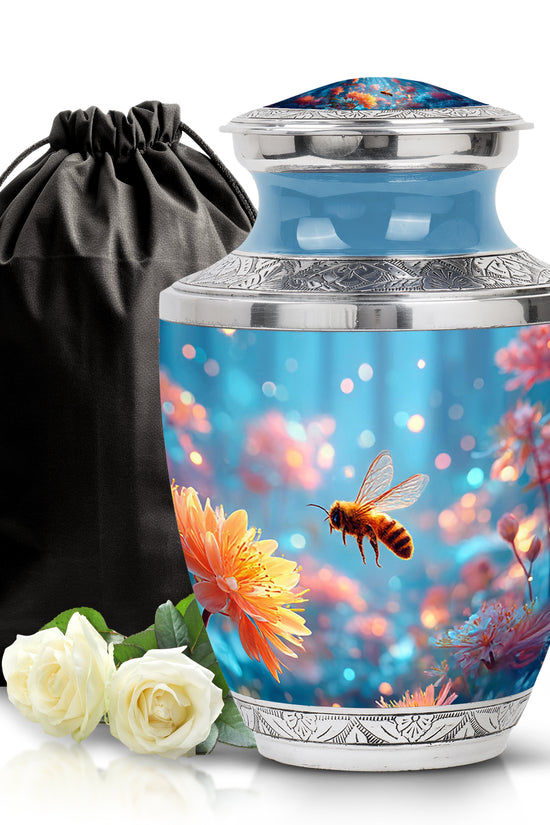 Pastel Blue Bee Cremation Urn side profile showing urn shape - modern art-inspired bee motif on sleek aluminum - full-size 10 inch 200 cubic inch adult cremation urn
