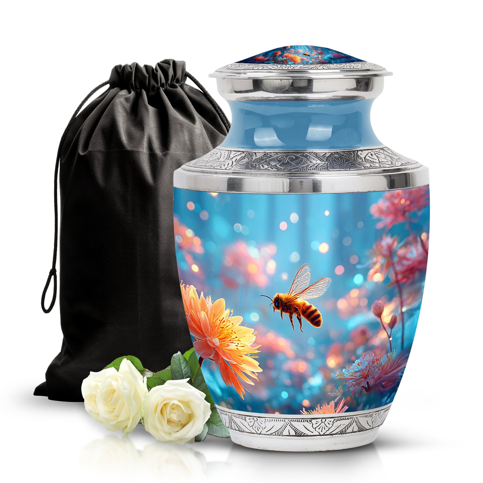 Pastel Blue Bee Cremation Urn side profile showing urn shape - modern art-inspired bee motif on sleek aluminum - full-size 10 inch 200 cubic inch adult cremation urn