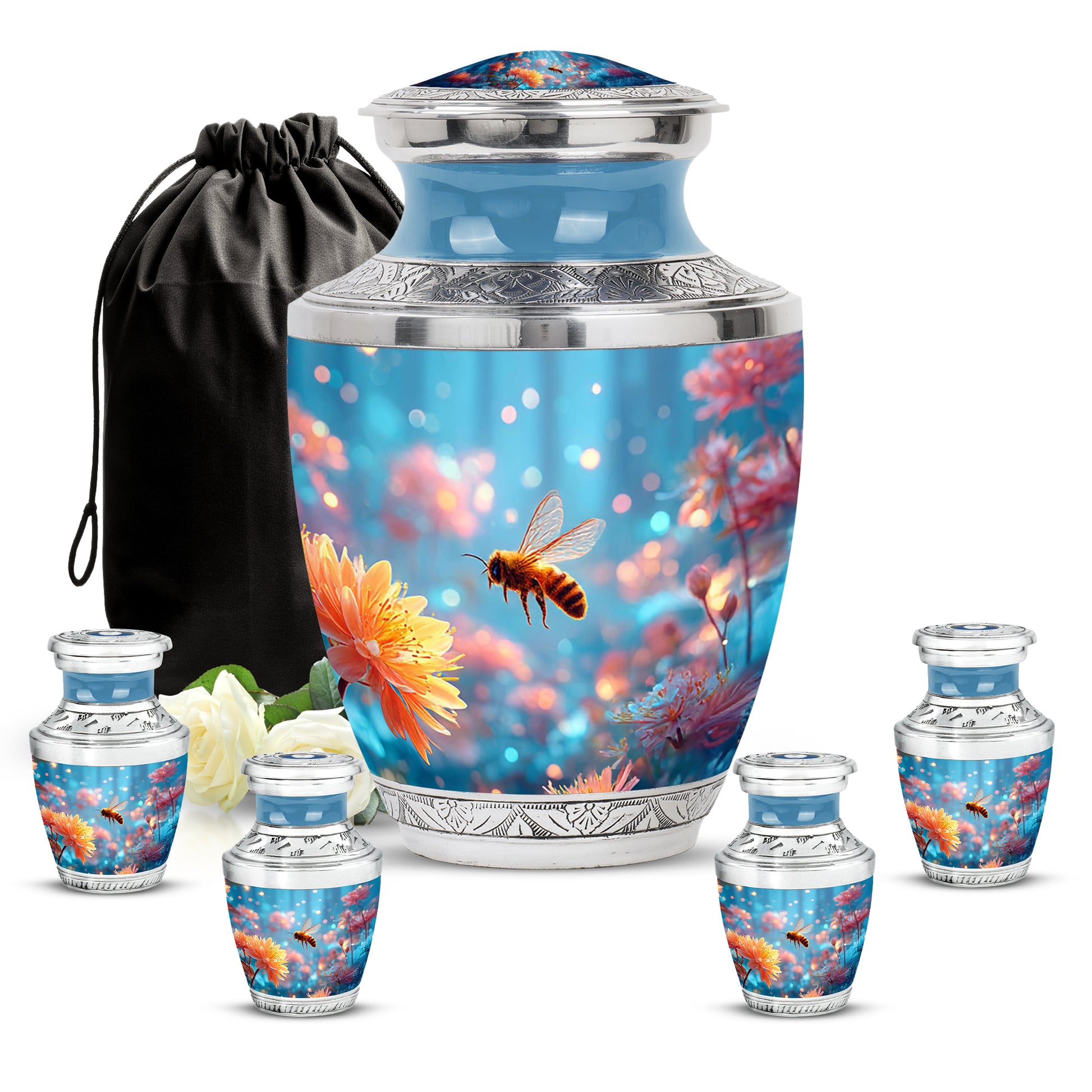 Soft Blue Bee Cremation Urn lifestyle display on memorial shelf - stylized abstract bee pattern with bold lines - memorial set with one large and four small urns