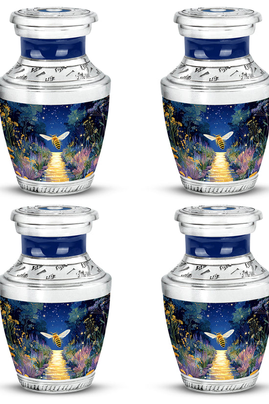 Slate Blue Bee Cremation Urn back view with polished surface - modern art-inspired bee motif on sleek aluminum - 10 inch aluminum urn for cremated remains