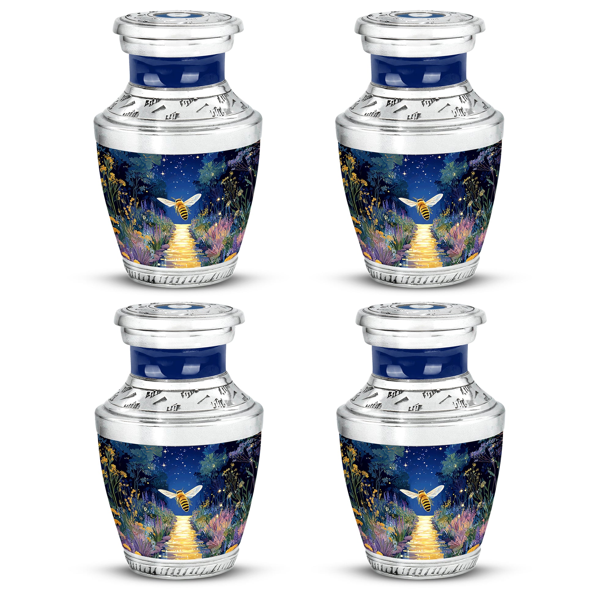 Slate Blue Bee Cremation Urn back view with polished surface - modern art-inspired bee motif on sleek aluminum - 10 inch aluminum urn for cremated remains