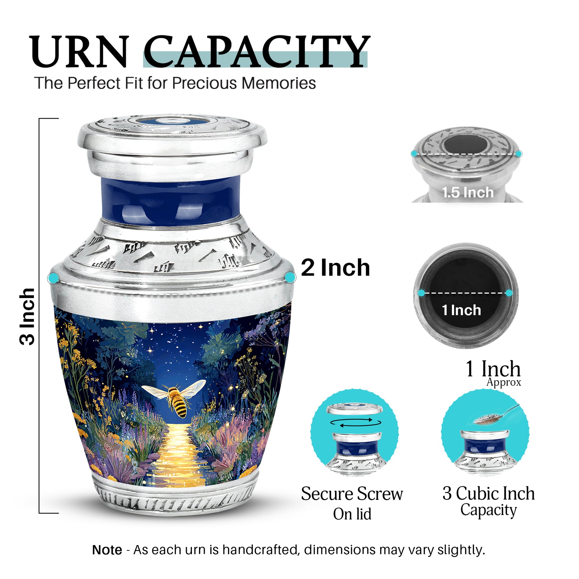 Misty Blue Bee Cremation Urn top-down view of secure threaded lid - contemporary bee design with modern artistic flair - mini keepsake memorial for portion of cremation ashes