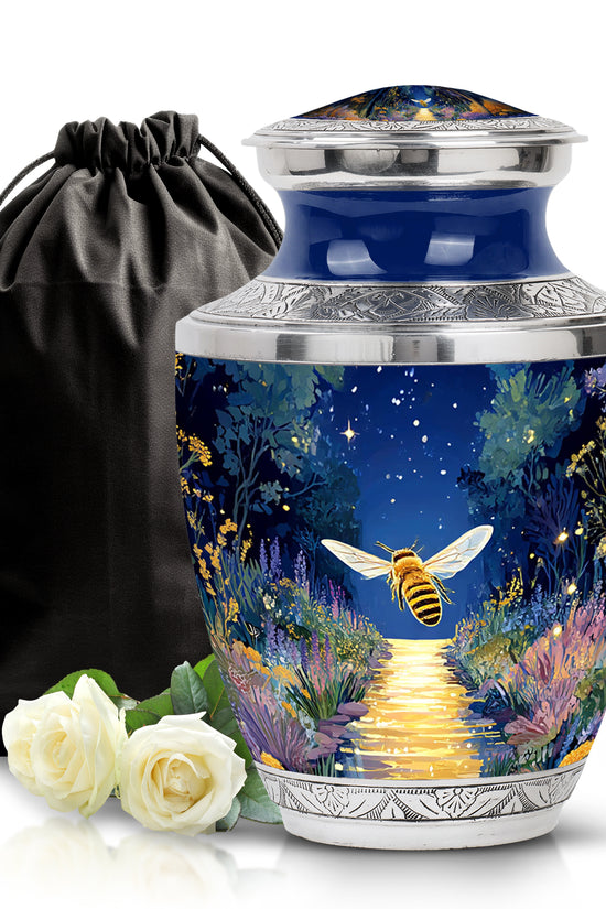 Powder Blue Bee Cremation Urn side profile showing urn shape - modern art-inspired bee motif on sleek aluminum - full-size 10 inch 200 cubic inch adult cremation urn