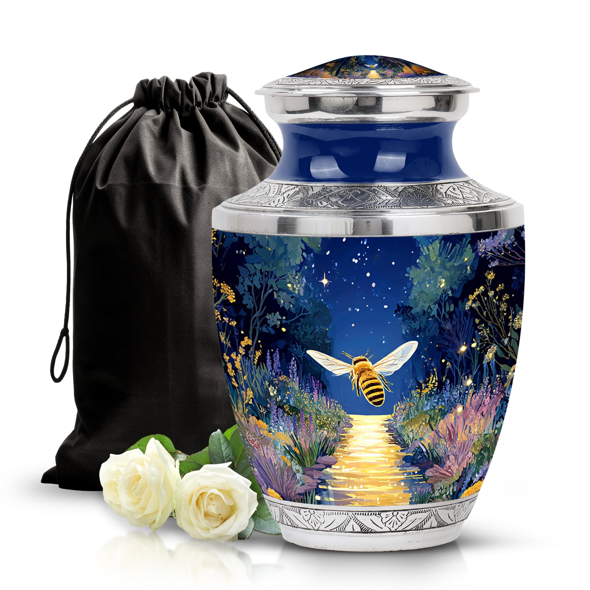 Powder Blue Bee Cremation Urn side profile showing urn shape - modern art-inspired bee motif on sleek aluminum - full-size 10 inch 200 cubic inch adult cremation urn