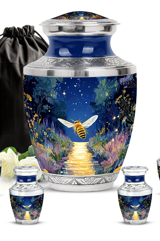Sky Blue Bee Cremation Urn lifestyle display on memorial shelf - modern art-inspired bee motif on sleek aluminum - memorial set with one large and four small urns