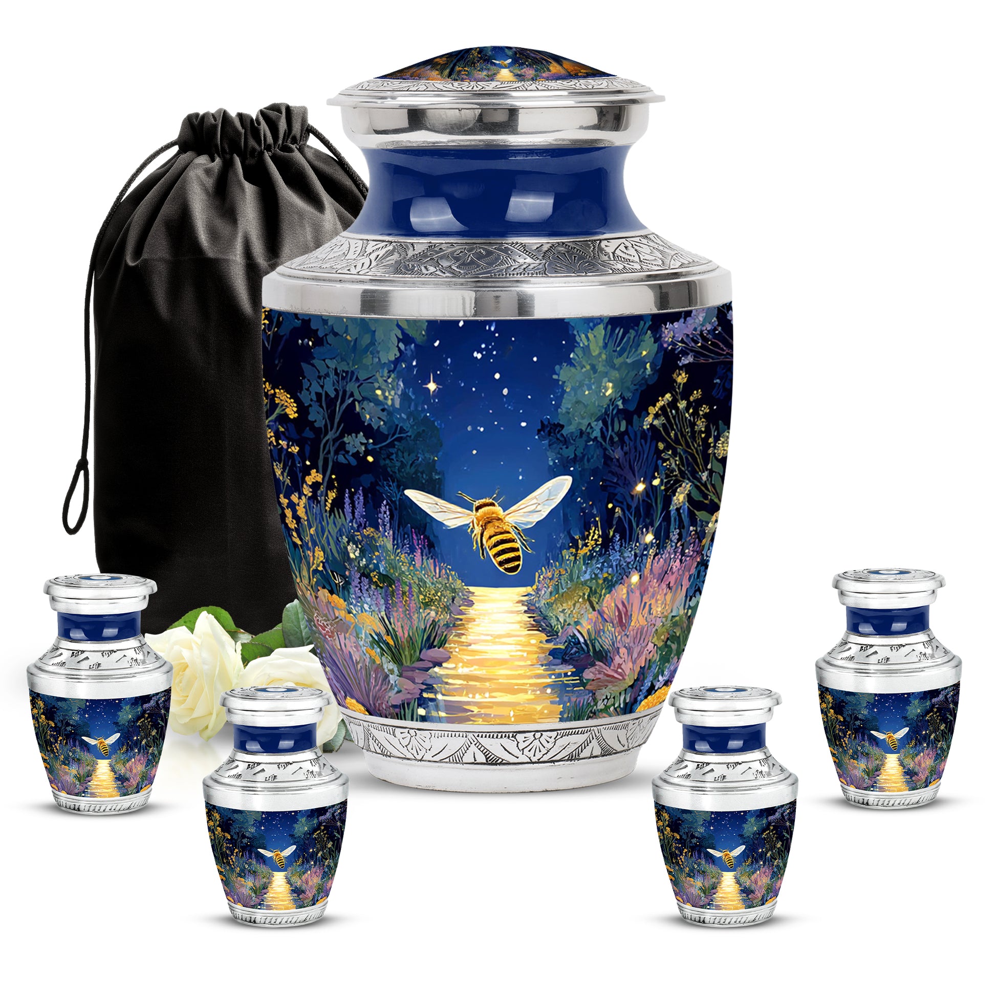 Sky Blue Bee Cremation Urn lifestyle display on memorial shelf - modern art-inspired bee motif on sleek aluminum - memorial set with one large and four small urns