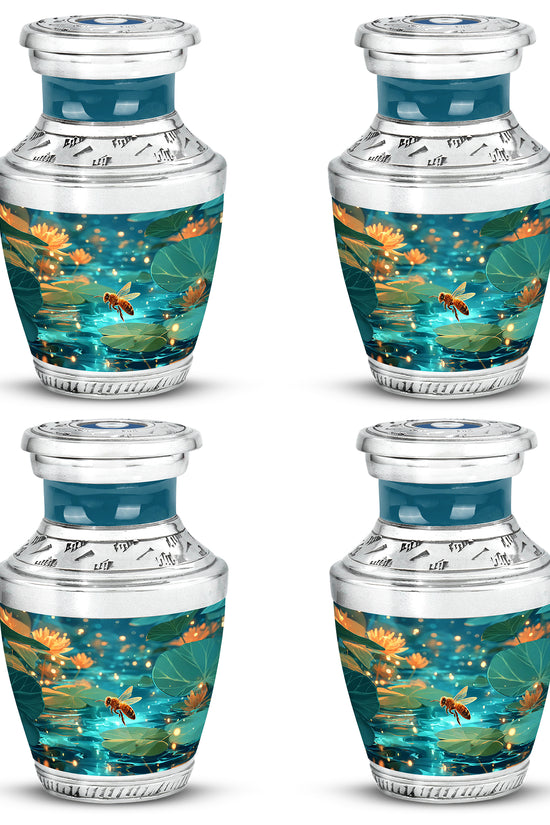 Aqua Teal Bee Cremation Urn back view with polished surface - stylized abstract bee pattern with bold lines - 10 inch aluminum urn for cremated remains