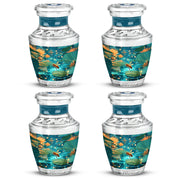 Aqua Teal Bee Cremation Urn back view with polished surface - stylized abstract bee pattern with bold lines - 10 inch aluminum urn for cremated remains