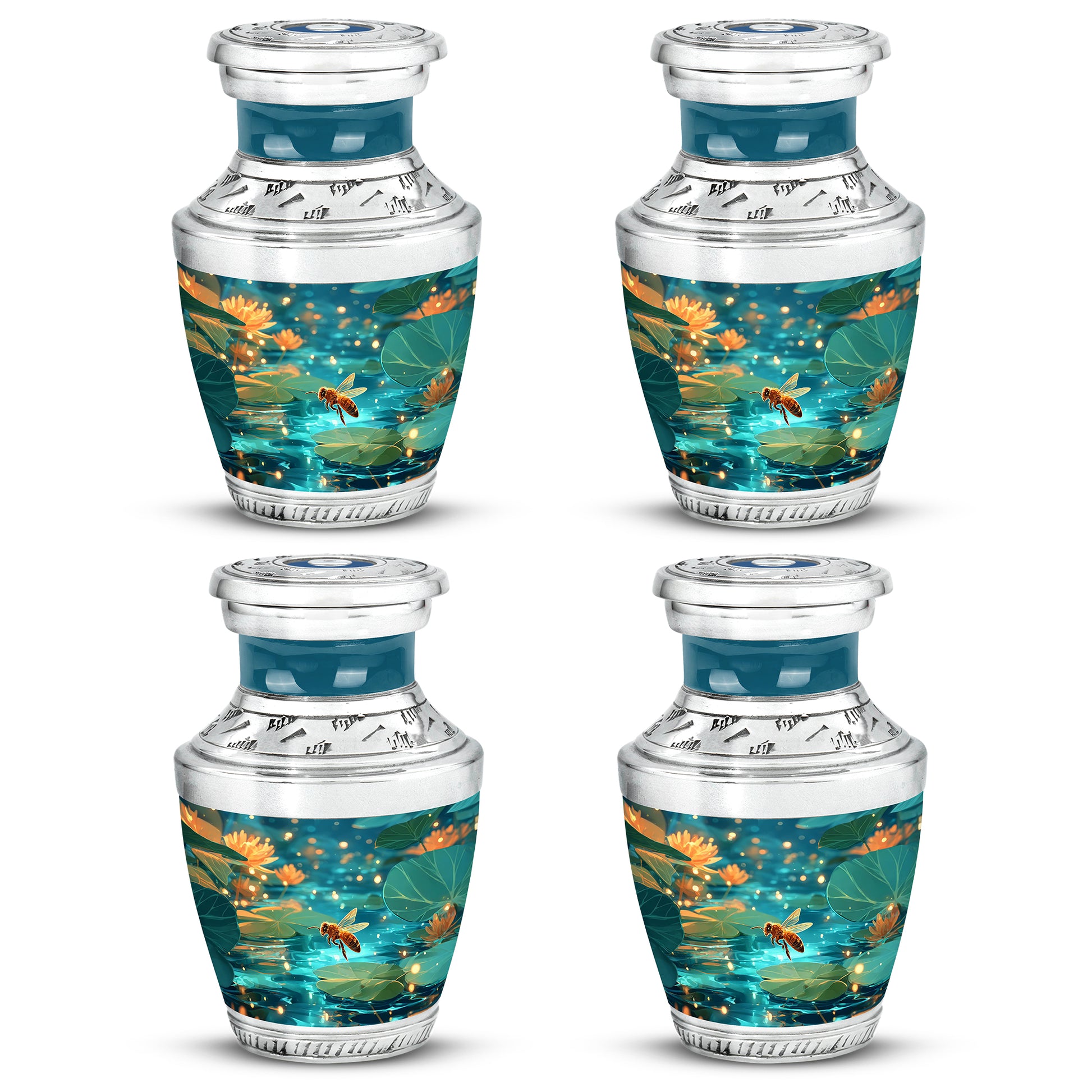 Aqua Teal Bee Cremation Urn back view with polished surface - stylized abstract bee pattern with bold lines - 10 inch aluminum urn for cremated remains