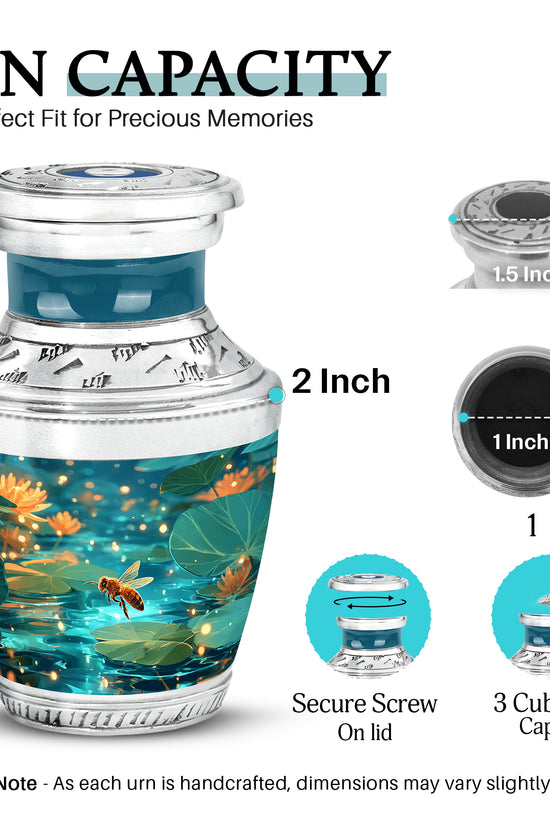 Soft Teal Bee Cremation Urn top-down view of secure threaded lid - modern art-inspired bee motif on sleek aluminum - mini keepsake memorial for portion of cremation ashes