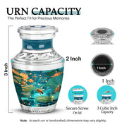Soft Teal Bee Cremation Urn top-down view of secure threaded lid - modern art-inspired bee motif on sleek aluminum - mini keepsake memorial for portion of cremation ashes