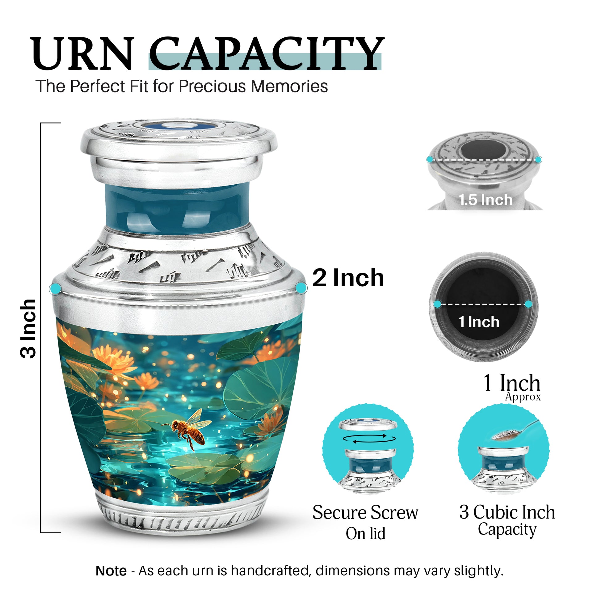 Soft Teal Bee Cremation Urn top-down view of secure threaded lid - modern art-inspired bee motif on sleek aluminum - mini keepsake memorial for portion of cremation ashes