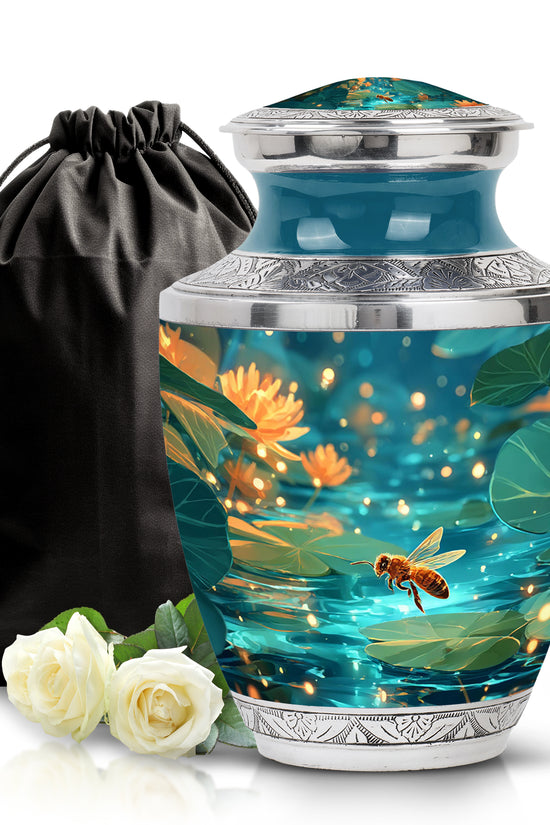 Sea Green Teal Bee Cremation Urn side profile showing urn shape - modern art-inspired bee motif on sleek aluminum - full-size 10 inch 200 cubic inch adult cremation urn