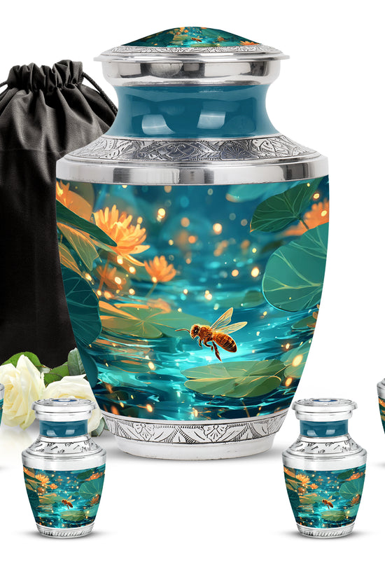 Tropical Teal Bee Cremation Urn lifestyle display on memorial shelf - artistic bee interpretation with creative detail - memorial set with one large and four small urns