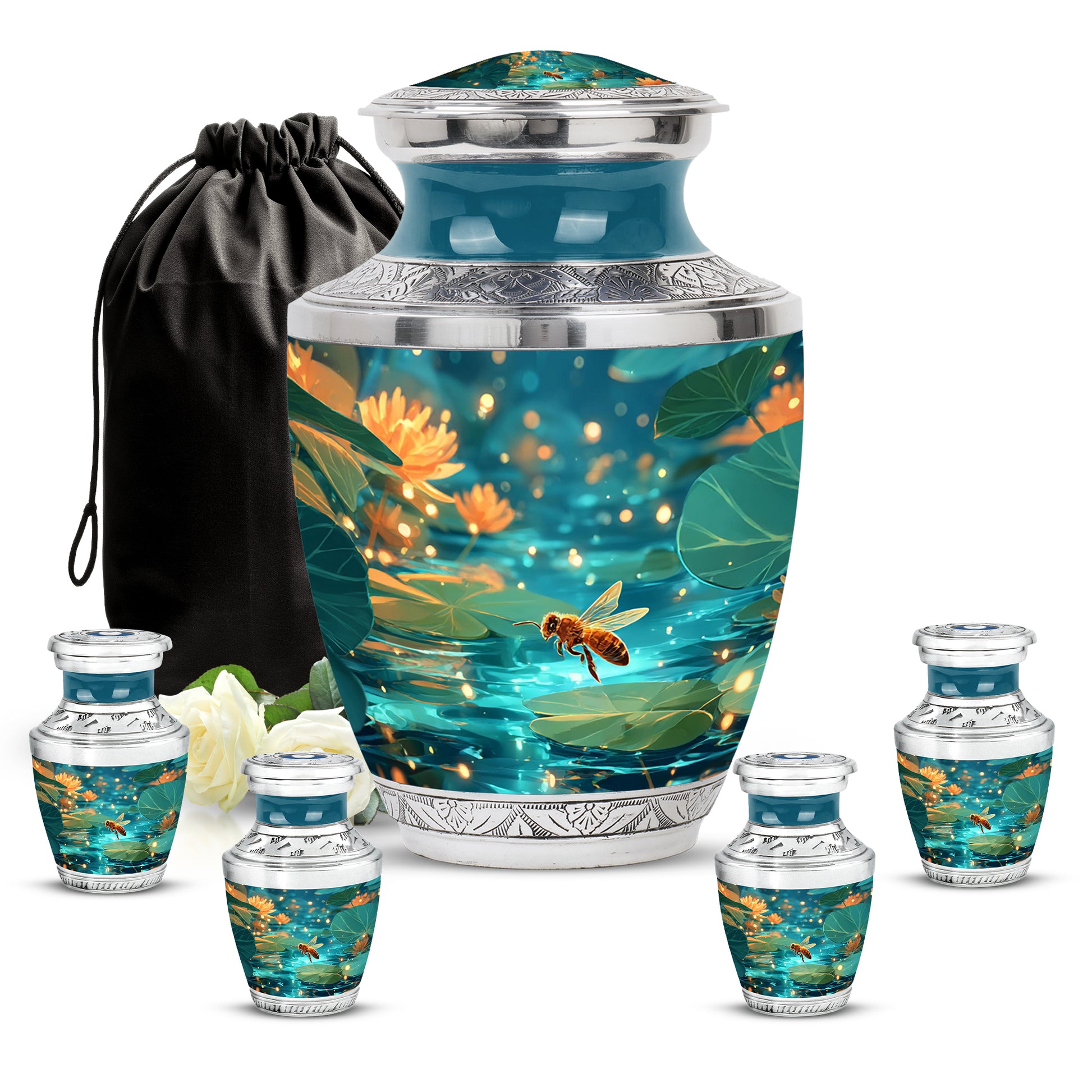 Tropical Teal Bee Cremation Urn lifestyle display on memorial shelf - artistic bee interpretation with creative detail - memorial set with one large and four small urns