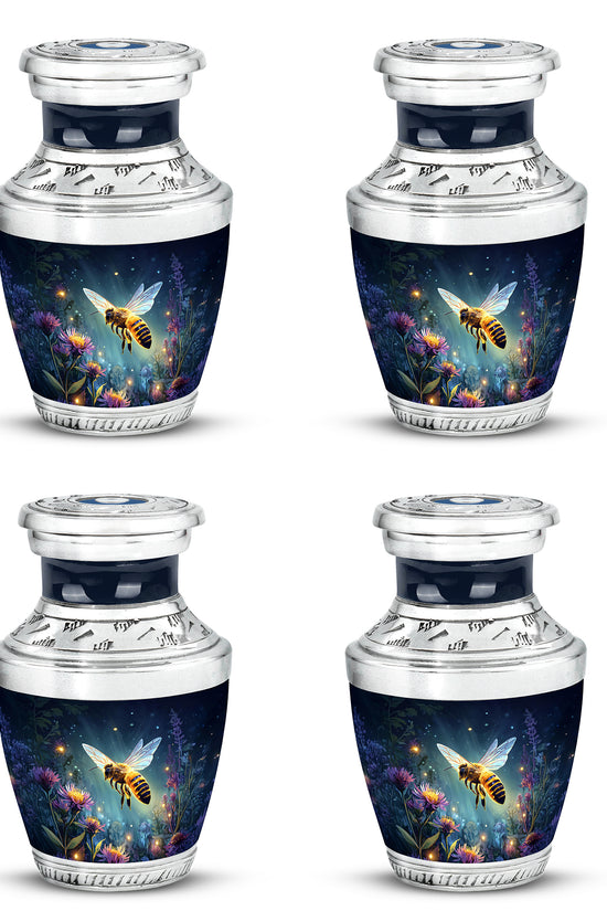 Powder Blue Bee Cremation Urn back view with polished surface - contemporary bee design with modern artistic flair - 10 inch aluminum urn for cremated remains