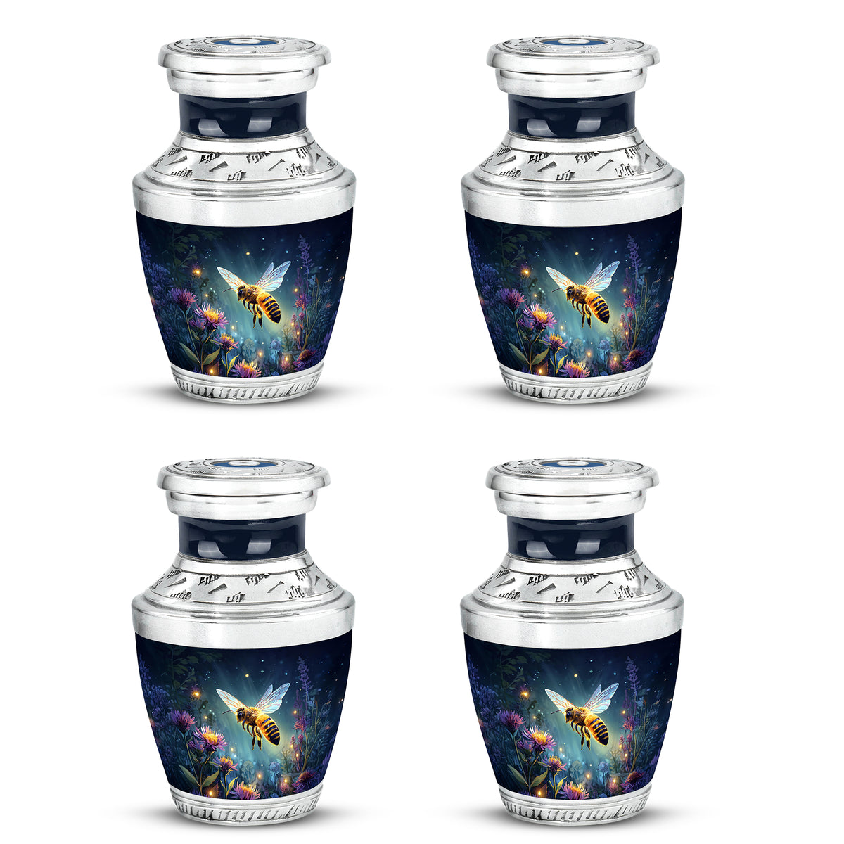 Powder Blue Bee Cremation Urn back view with polished surface - contemporary bee design with modern artistic flair - 10 inch aluminum urn for cremated remains