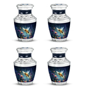 Powder Blue Bee Cremation Urn back view with polished surface - contemporary bee design with modern artistic flair - 10 inch aluminum urn for cremated remains