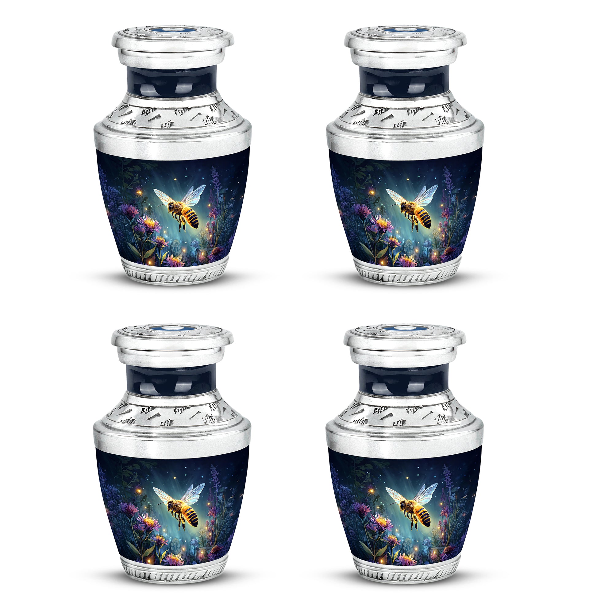 Powder Blue Bee Cremation Urn back view with polished surface - contemporary bee design with modern artistic flair - 10 inch aluminum urn for cremated remains