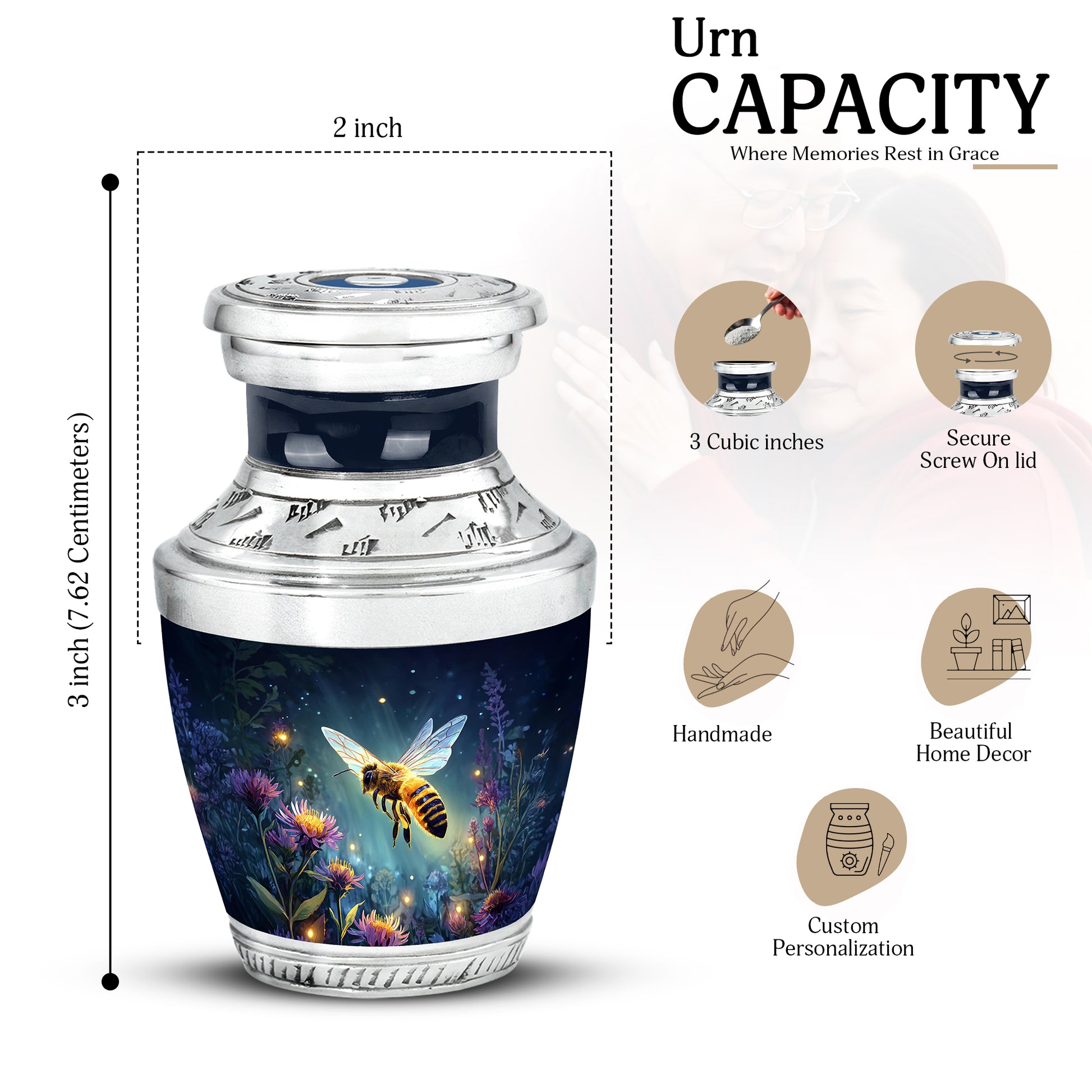 Sky Blue Bee Cremation Urn top-down view of secure threaded lid - contemporary bee design with modern artistic flair - mini keepsake memorial for portion of cremation ashes