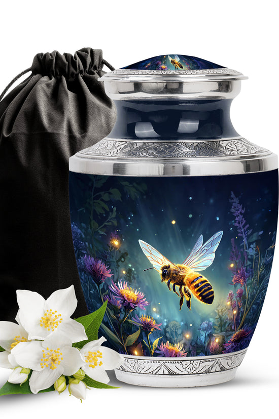 Navy Blue Bee Cremation Urn side profile showing urn shape - modern art-inspired bee motif on sleek aluminum - full-size 10 inch 200 cubic inch adult cremation urn