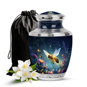 Navy Blue Bee Cremation Urn side profile showing urn shape - modern art-inspired bee motif on sleek aluminum - full-size 10 inch 200 cubic inch adult cremation urn