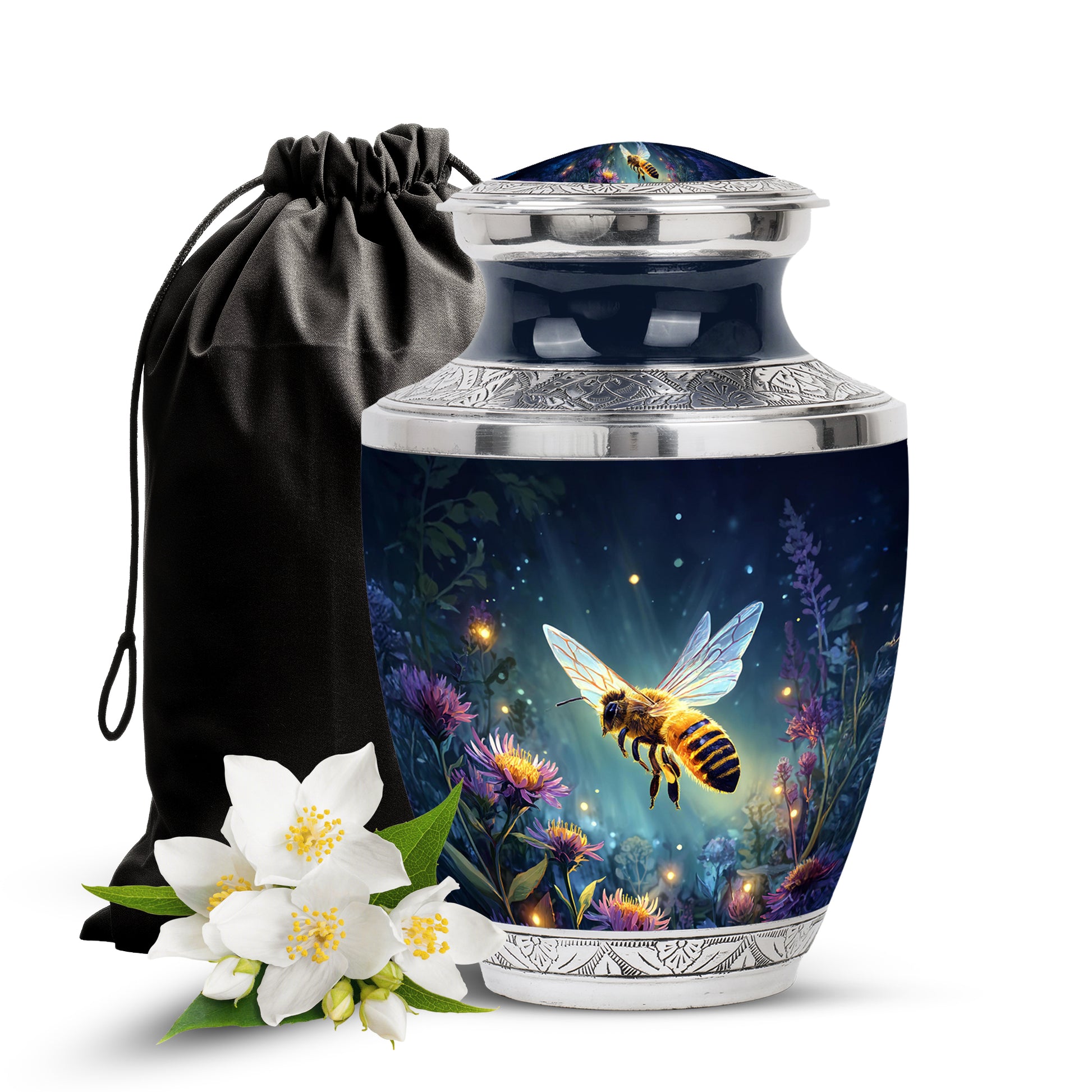 Navy Blue Bee Cremation Urn side profile showing urn shape - modern art-inspired bee motif on sleek aluminum - full-size 10 inch 200 cubic inch adult cremation urn