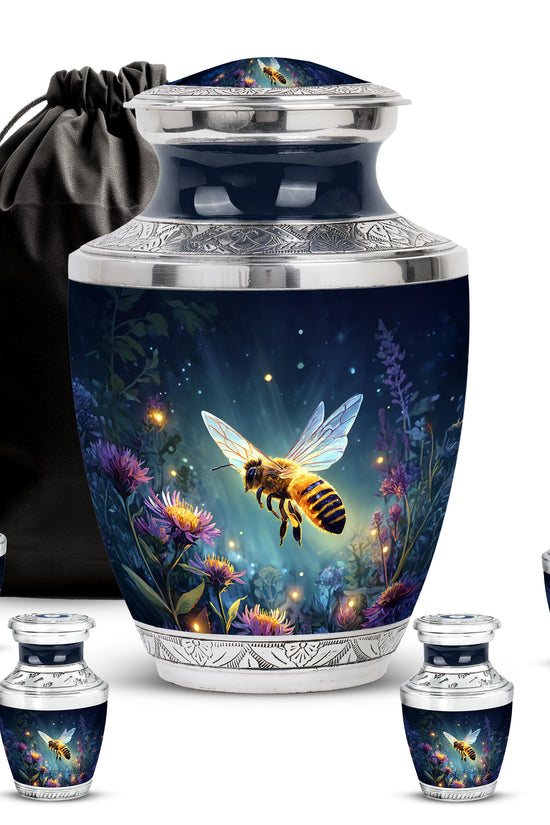 Dusty Blue Bee Cremation Urn lifestyle display on memorial shelf - contemporary bee design with modern artistic flair - memorial set with one large and four small urns