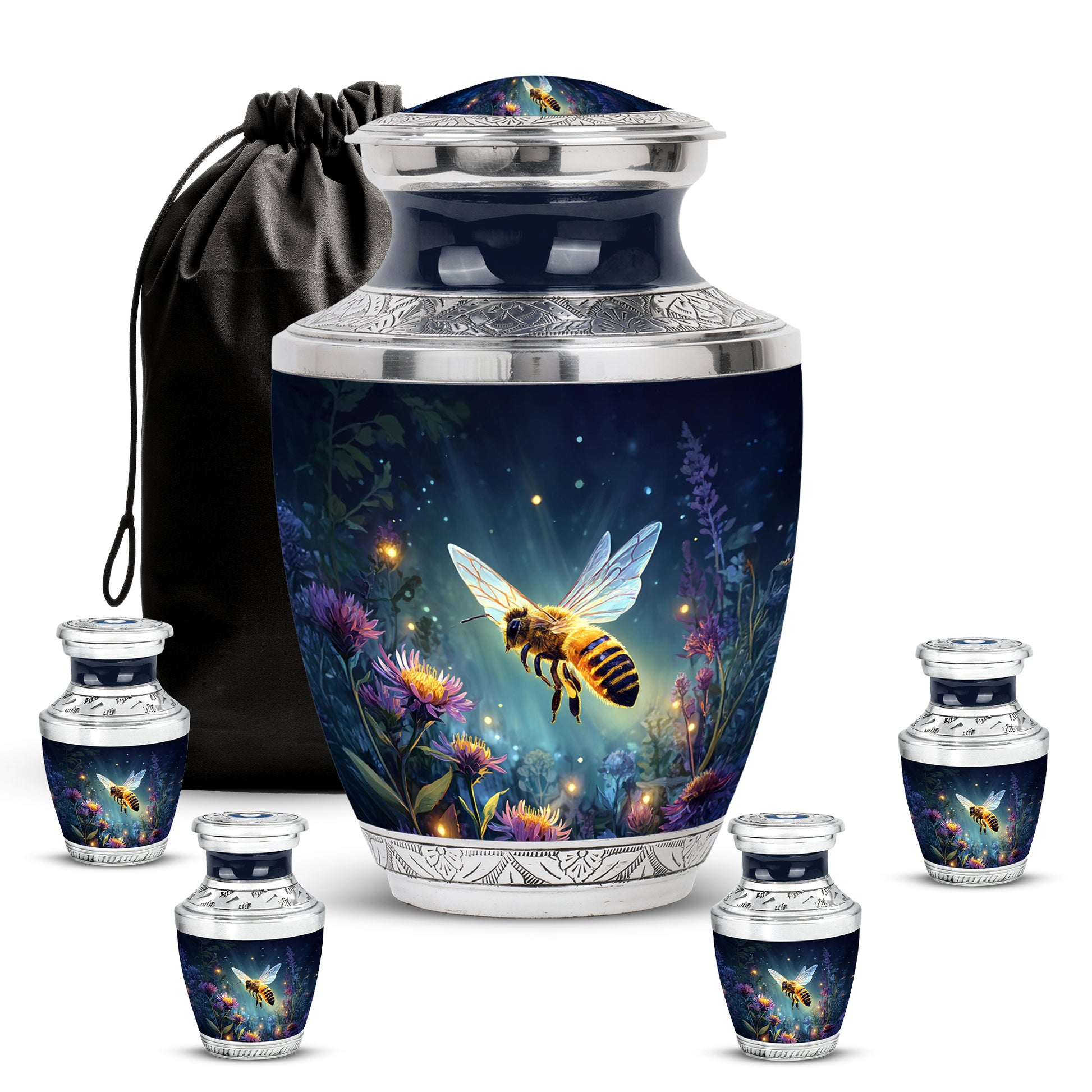 Dusty Blue Bee Cremation Urn lifestyle display on memorial shelf - contemporary bee design with modern artistic flair - memorial set with one large and four small urns