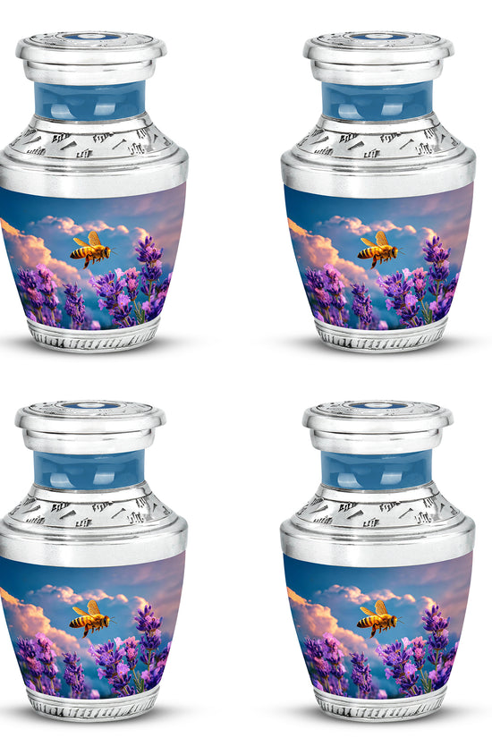 Sky Blue Bee Cremation Urn back view with polished surface - contemporary bee design with modern artistic flair - 10 inch aluminum urn for cremated remains
