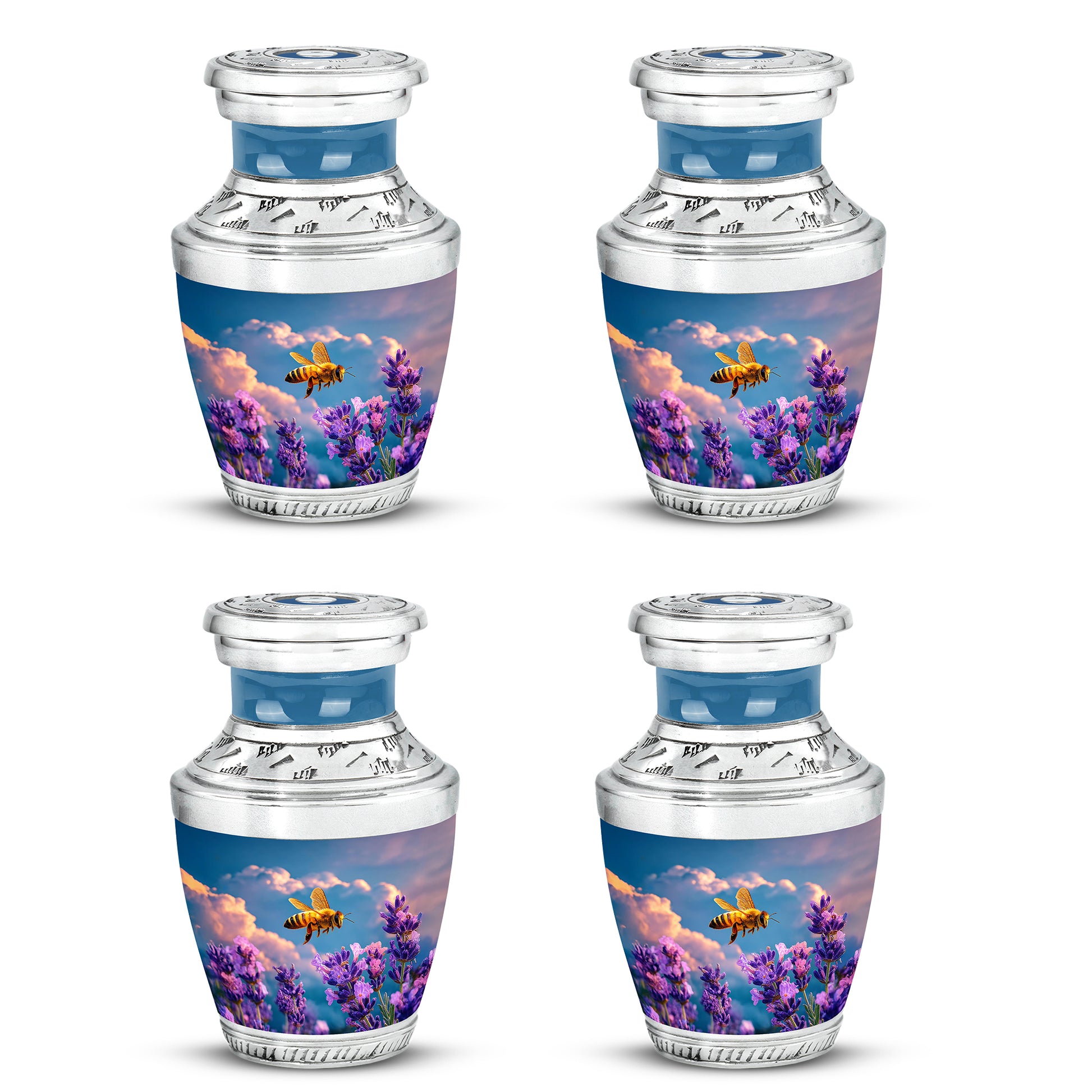 Sky Blue Bee Cremation Urn back view with polished surface - contemporary bee design with modern artistic flair - 10 inch aluminum urn for cremated remains
