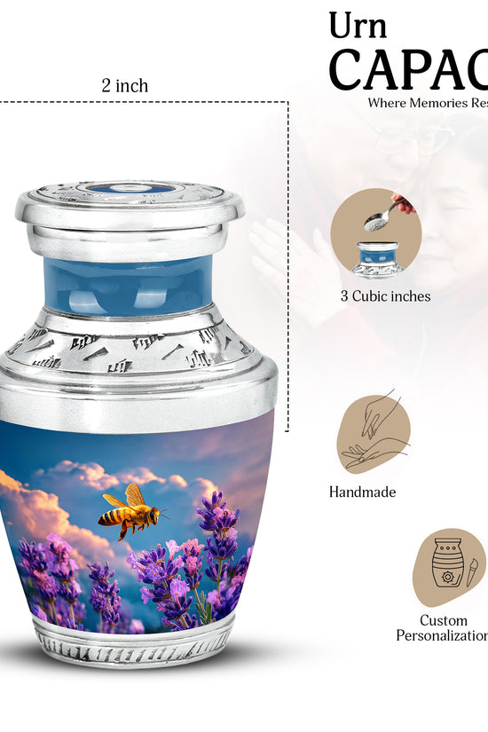 Sapphire Blue Bee Cremation Urn top-down view of secure threaded lid - stylized abstract bee pattern with bold lines - mini keepsake memorial for portion of cremation ashes
