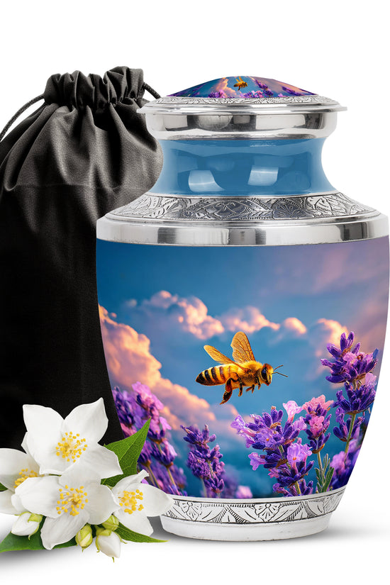 Indigo Bee Cremation Urn side profile showing urn shape - contemporary bee design with modern artistic flair - full-size 10 inch 200 cubic inch adult cremation urn