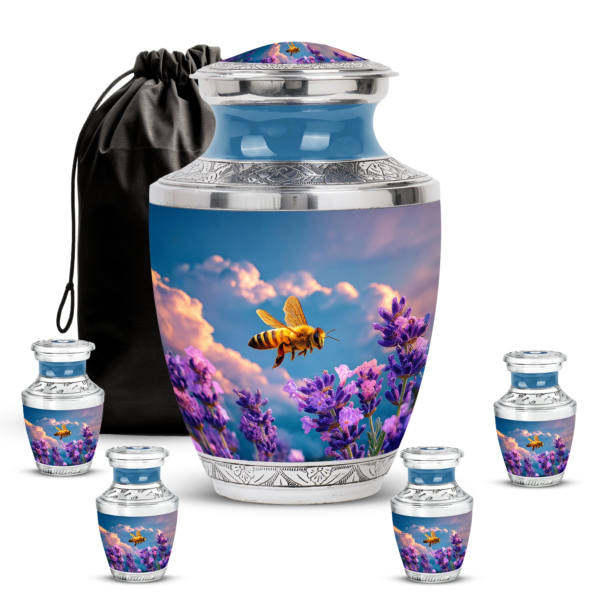 Powder Blue Bee Cremation Urn lifestyle display on memorial shelf - contemporary bee design with modern artistic flair - memorial set with one large and four small urns