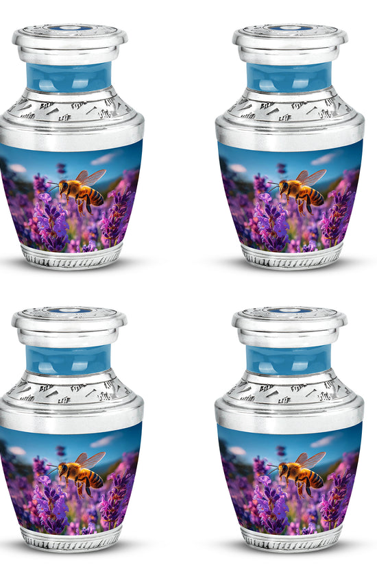 Calming Blue Bee Cremation Urn back view with polished surface - stylized abstract bee pattern with bold lines - 10 inch aluminum urn for cremated remains