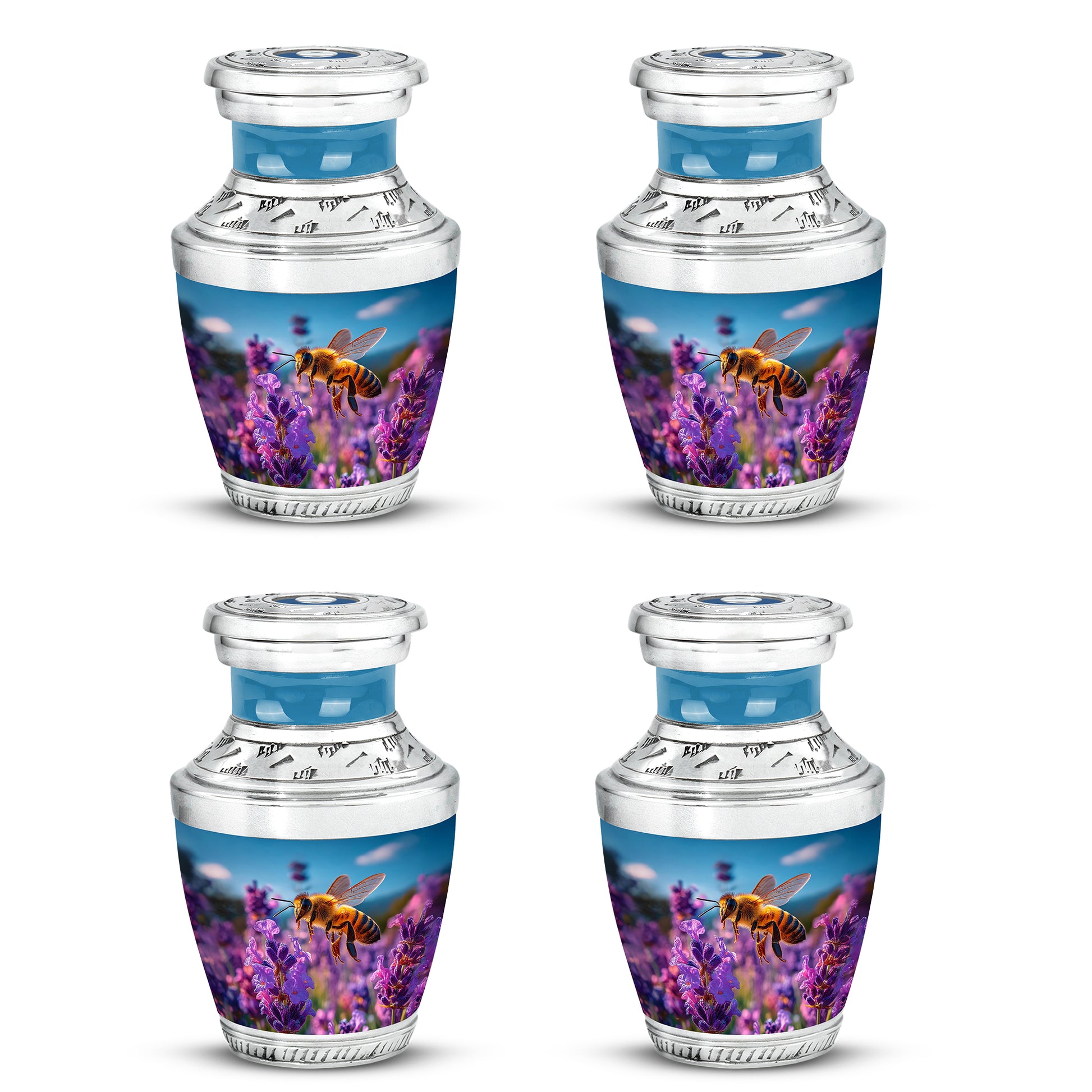 Calming Blue Bee Cremation Urn back view with polished surface - stylized abstract bee pattern with bold lines - 10 inch aluminum urn for cremated remains