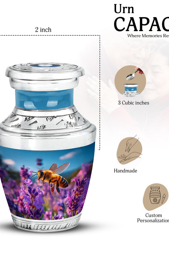Bright Blue Bee Cremation Urn top-down view of secure threaded lid - artistic bee interpretation with creative detail - mini keepsake memorial for portion of cremation ashes
