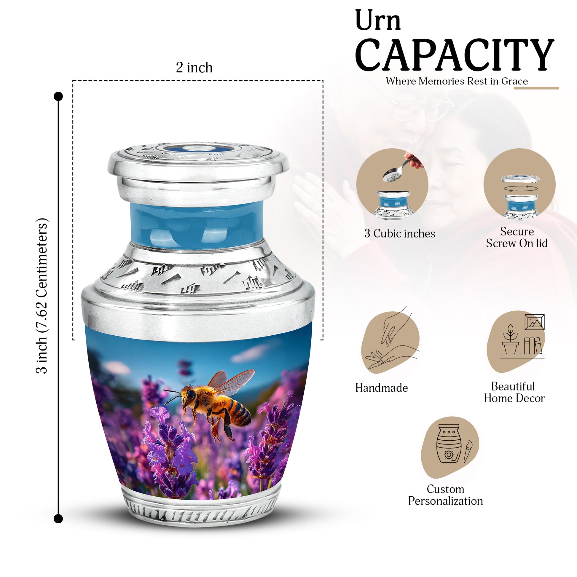 Bright Blue Bee Cremation Urn top-down view of secure threaded lid - artistic bee interpretation with creative detail - mini keepsake memorial for portion of cremation ashes