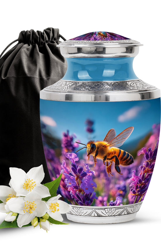 Slate Blue Bee Cremation Urn side profile showing urn shape - modern art-inspired bee motif on sleek aluminum - full-size 10 inch 200 cubic inch adult cremation urn