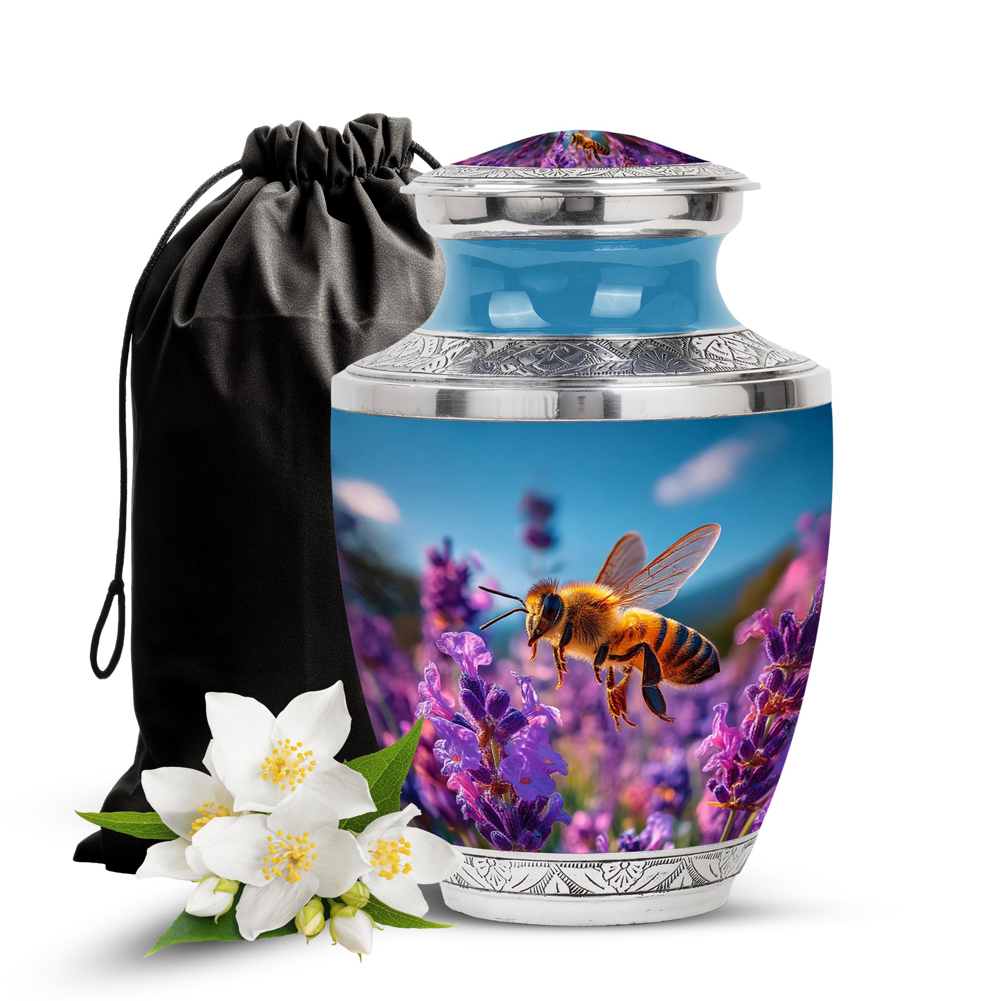 Slate Blue Bee Cremation Urn side profile showing urn shape - modern art-inspired bee motif on sleek aluminum - full-size 10 inch 200 cubic inch adult cremation urn
