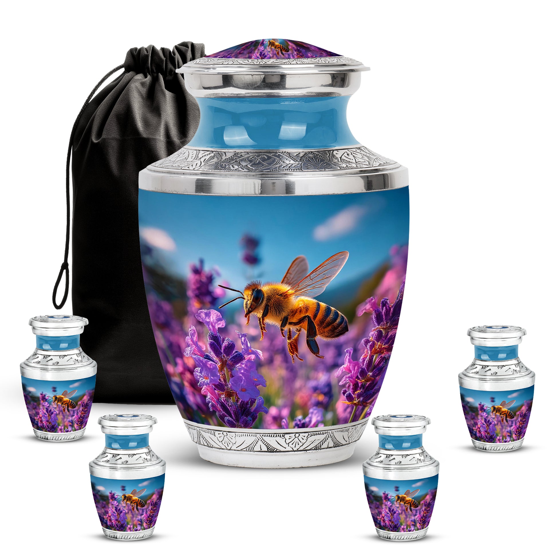 Twilight Blue Bee Cremation Urn lifestyle display on memorial shelf - stylized abstract bee pattern with bold lines - memorial set with one large and four small urns