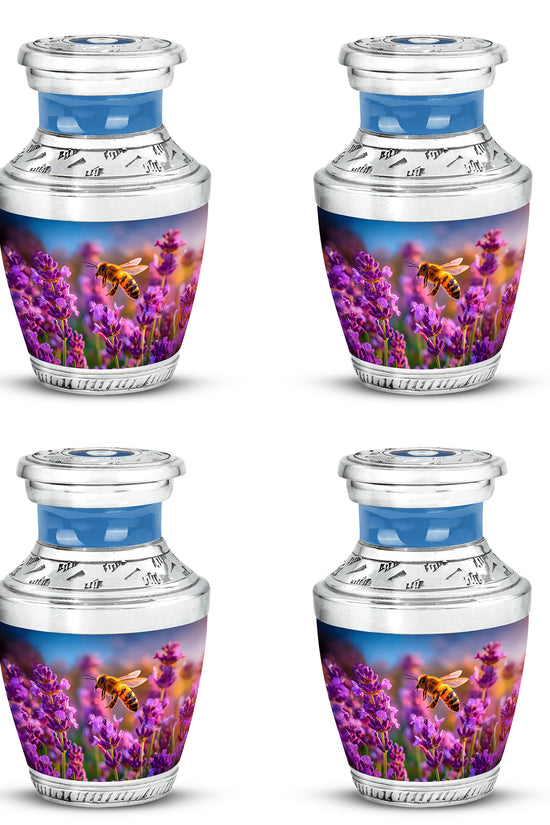 Navy Blue Bee Cremation Urn back view with polished surface - modern art-inspired bee motif on sleek aluminum - 10 inch aluminum urn for cremated remains