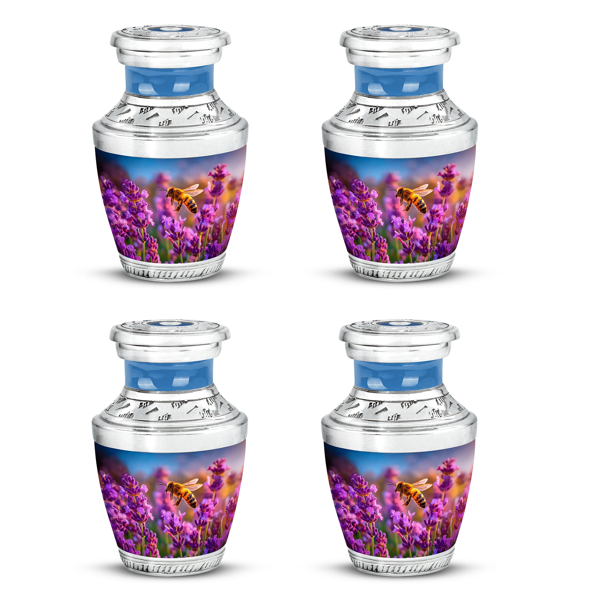 Navy Blue Bee Cremation Urn back view with polished surface - modern art-inspired bee motif on sleek aluminum - 10 inch aluminum urn for cremated remains