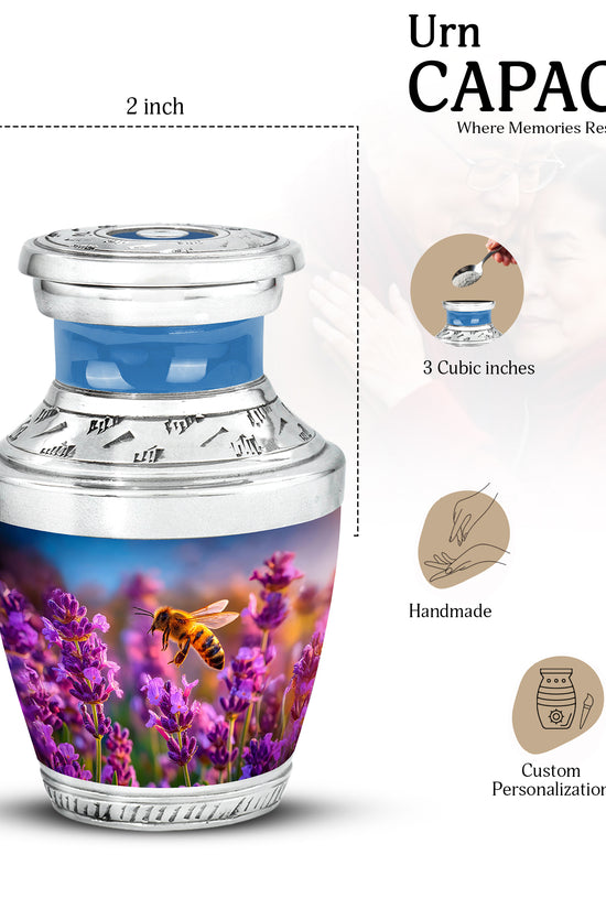 Soft Blue Bee Cremation Urn top-down view of secure threaded lid - artistic bee interpretation with creative detail - mini keepsake memorial for portion of cremation ashes